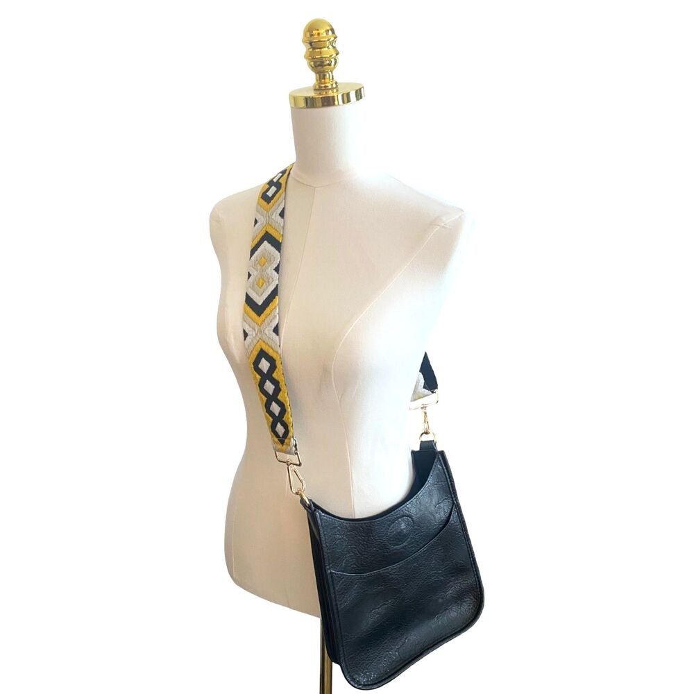 AhDorned Black Vegan Messenger Crossbody Yellow Geometric Guitar Style Strap - Picture 2 of 12
